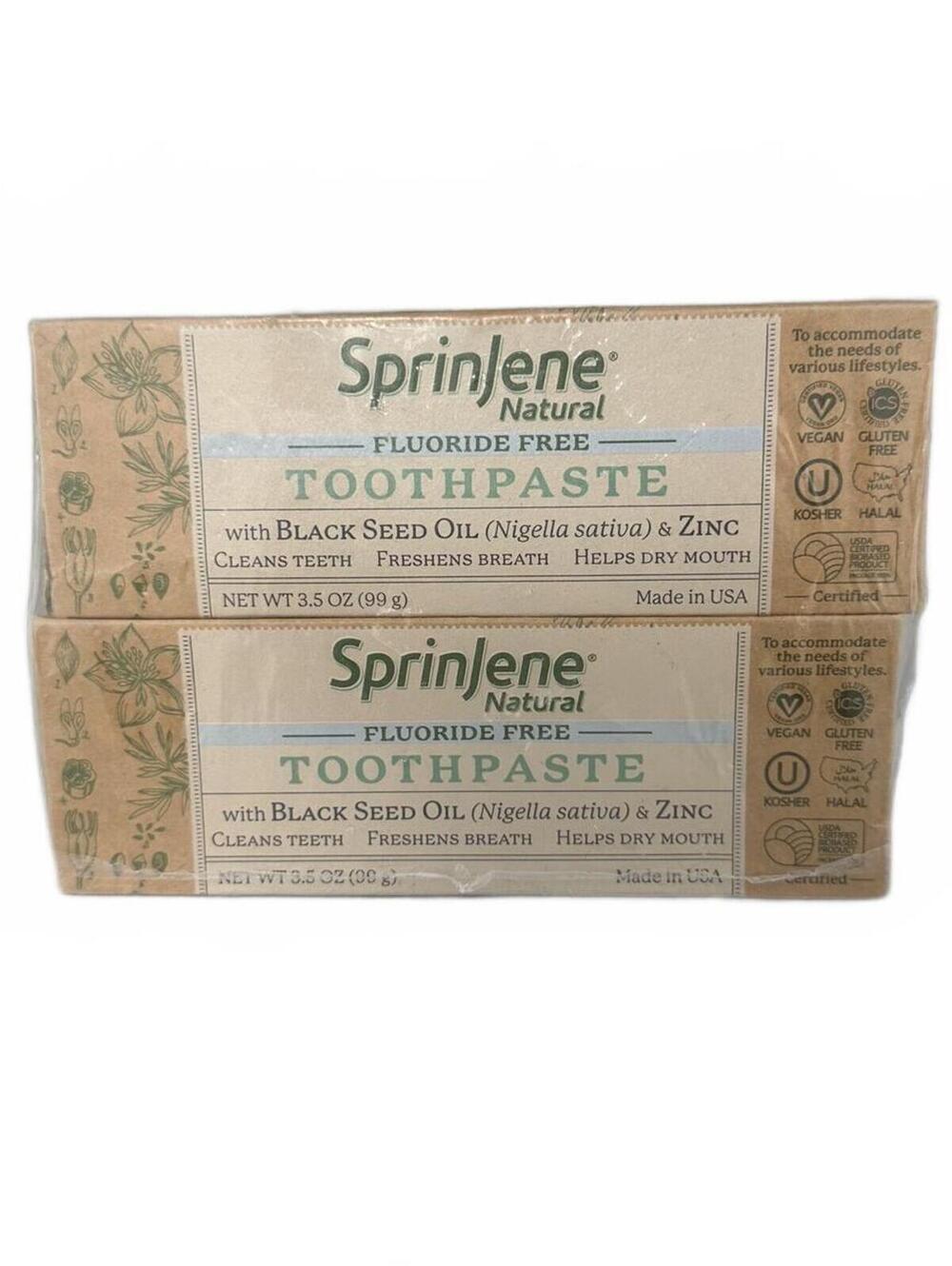 SprinJene Natural Fluoride-Free Toothpaste – 2 Pack (Black Seed Oil & Zinc) NIB